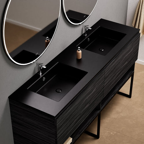 Aurora Double Set With Supporting Legs – Corian Sinks & Countertop with 2 Drawers Vanity & Bottom Shelves - ROVALUX