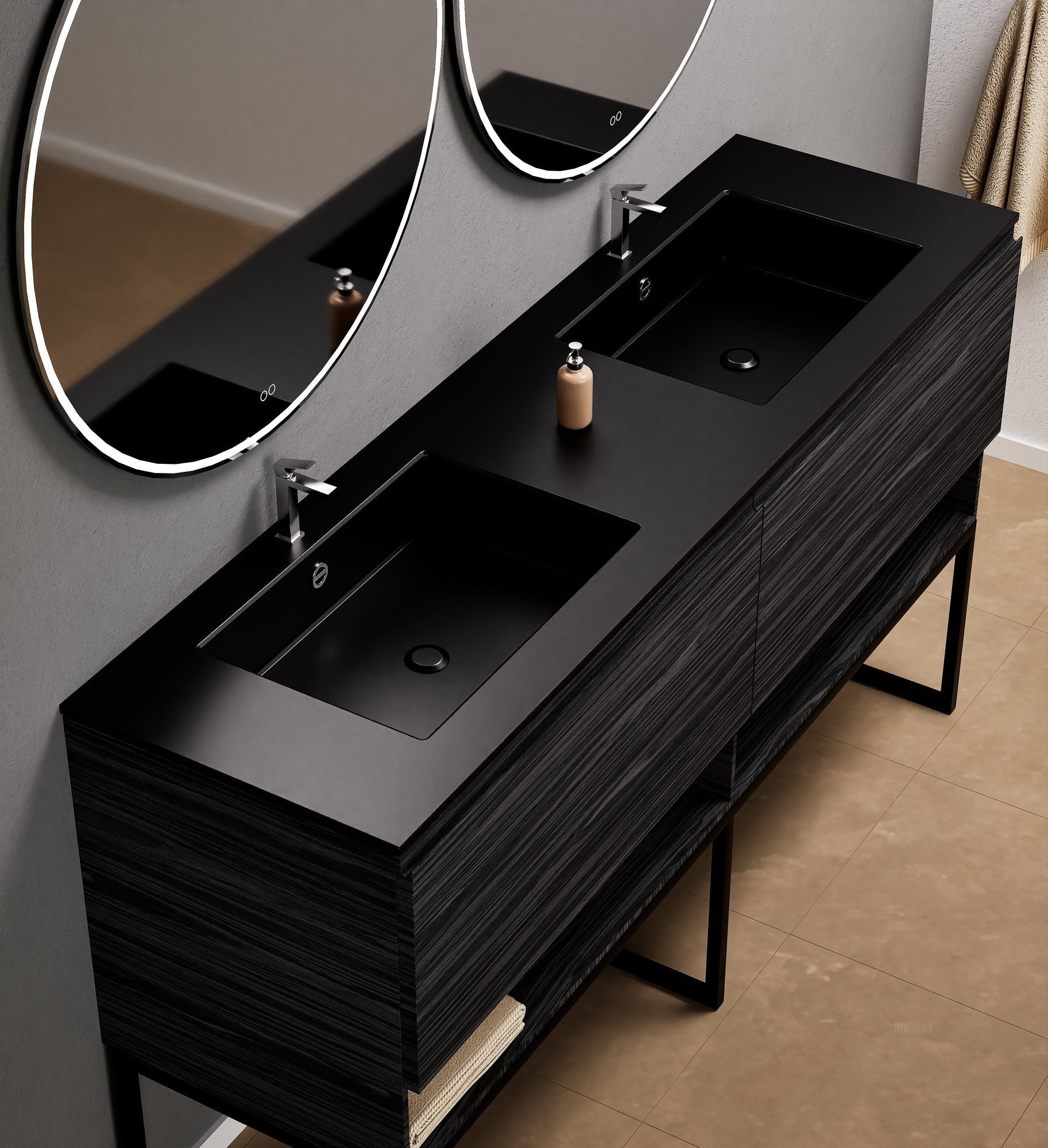 Aurora Double Set With Supporting Legs – Corian Sinks & Countertop with 2 Drawers Vanity & Bottom Shelves - ROVALUX
