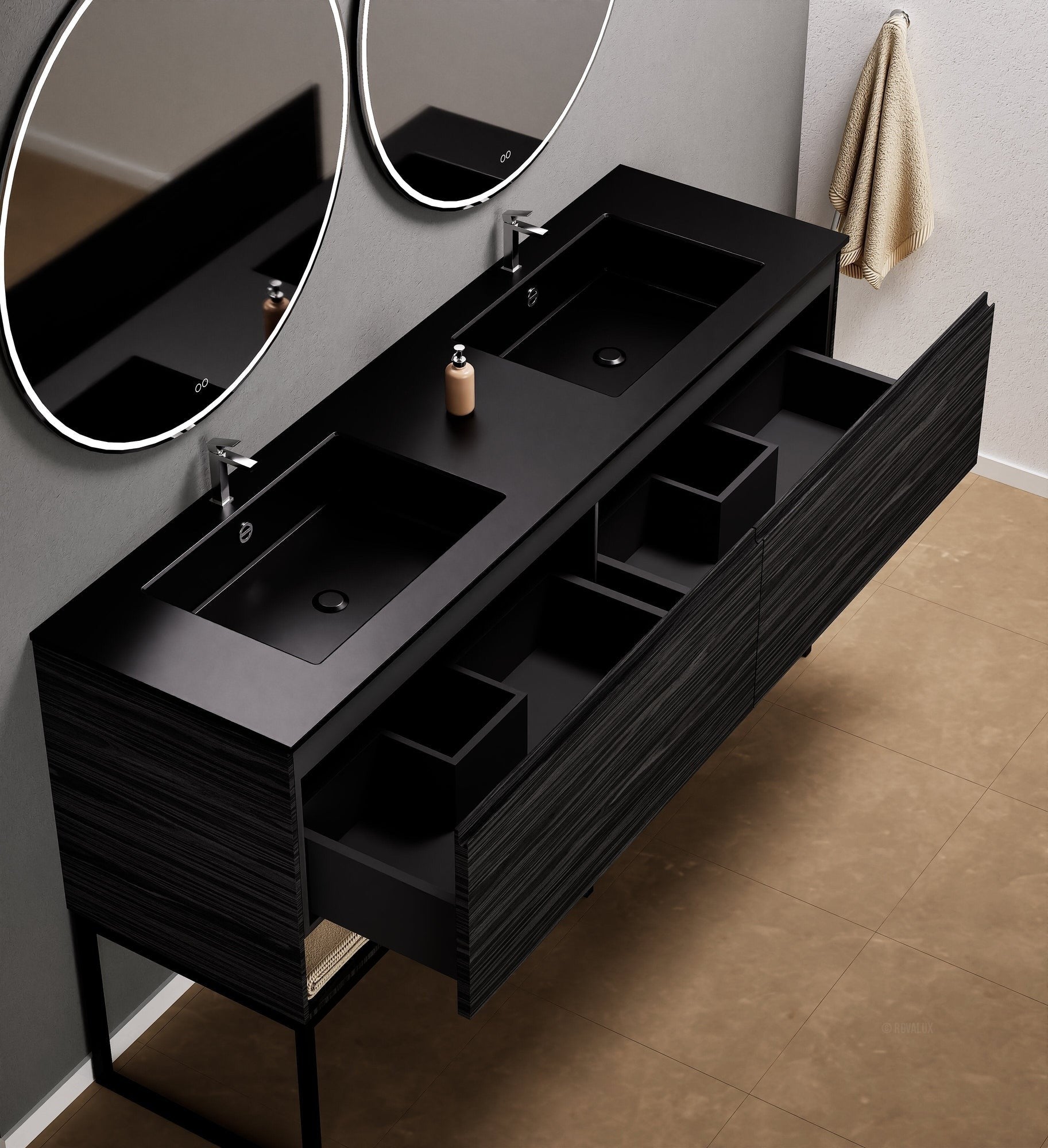 Aurora Double Set With Supporting Legs – Corian Sinks & Countertop with 2 Drawers Vanity & Bottom Shelves - ROVALUX