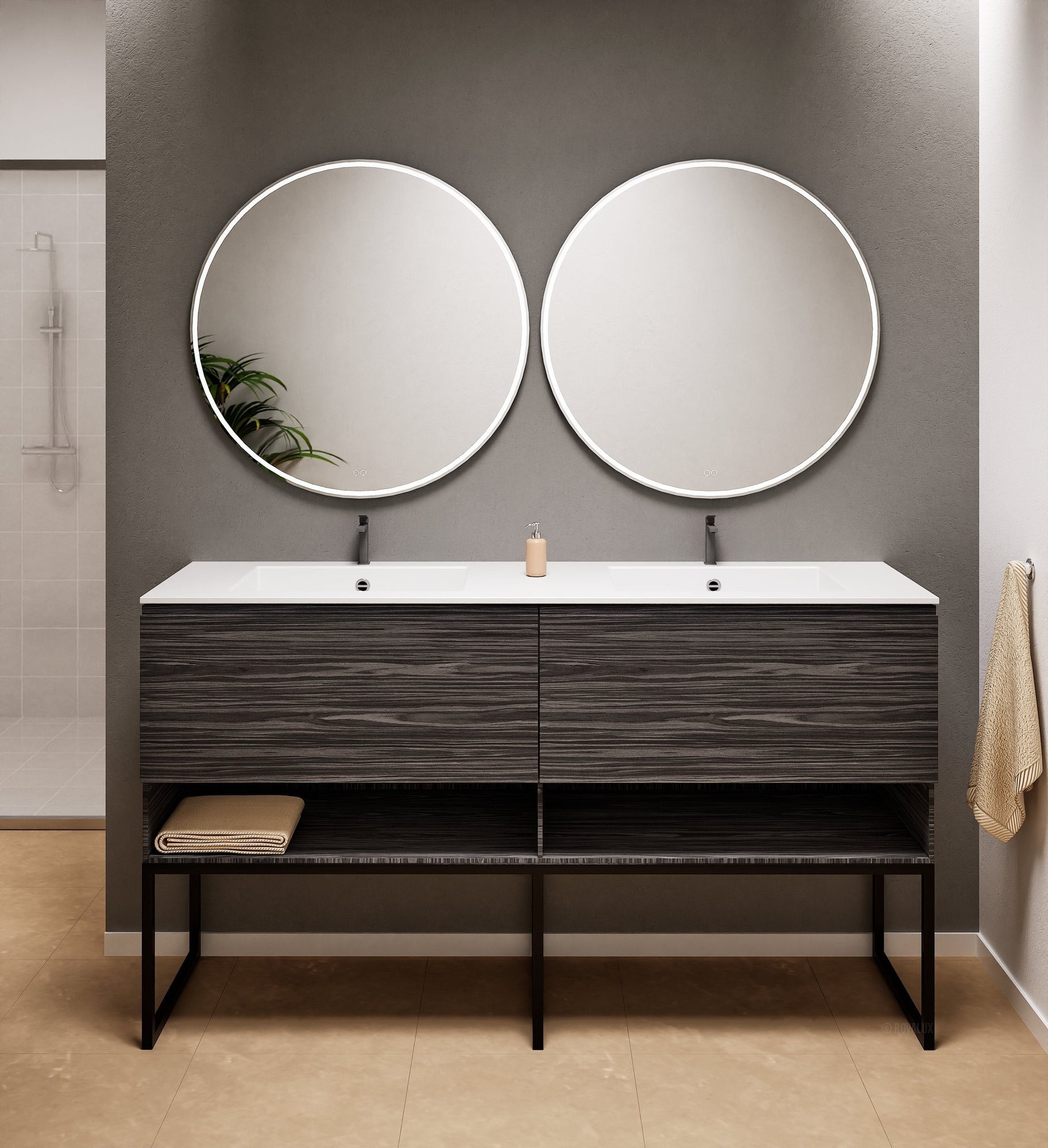 Aurora Double Set With Supporting Legs – Corian Sinks & Countertop with 2 Drawers Vanity & Bottom Shelves - ROVALUX