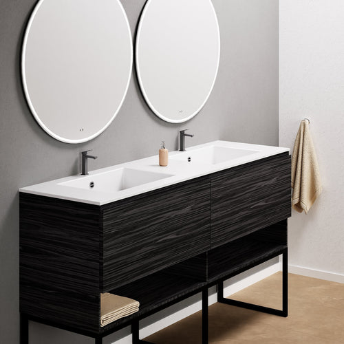 Aurora Double Set With Supporting Legs – Corian Sinks & Countertop with 2 Drawers Vanity & Bottom Shelves - ROVALUX