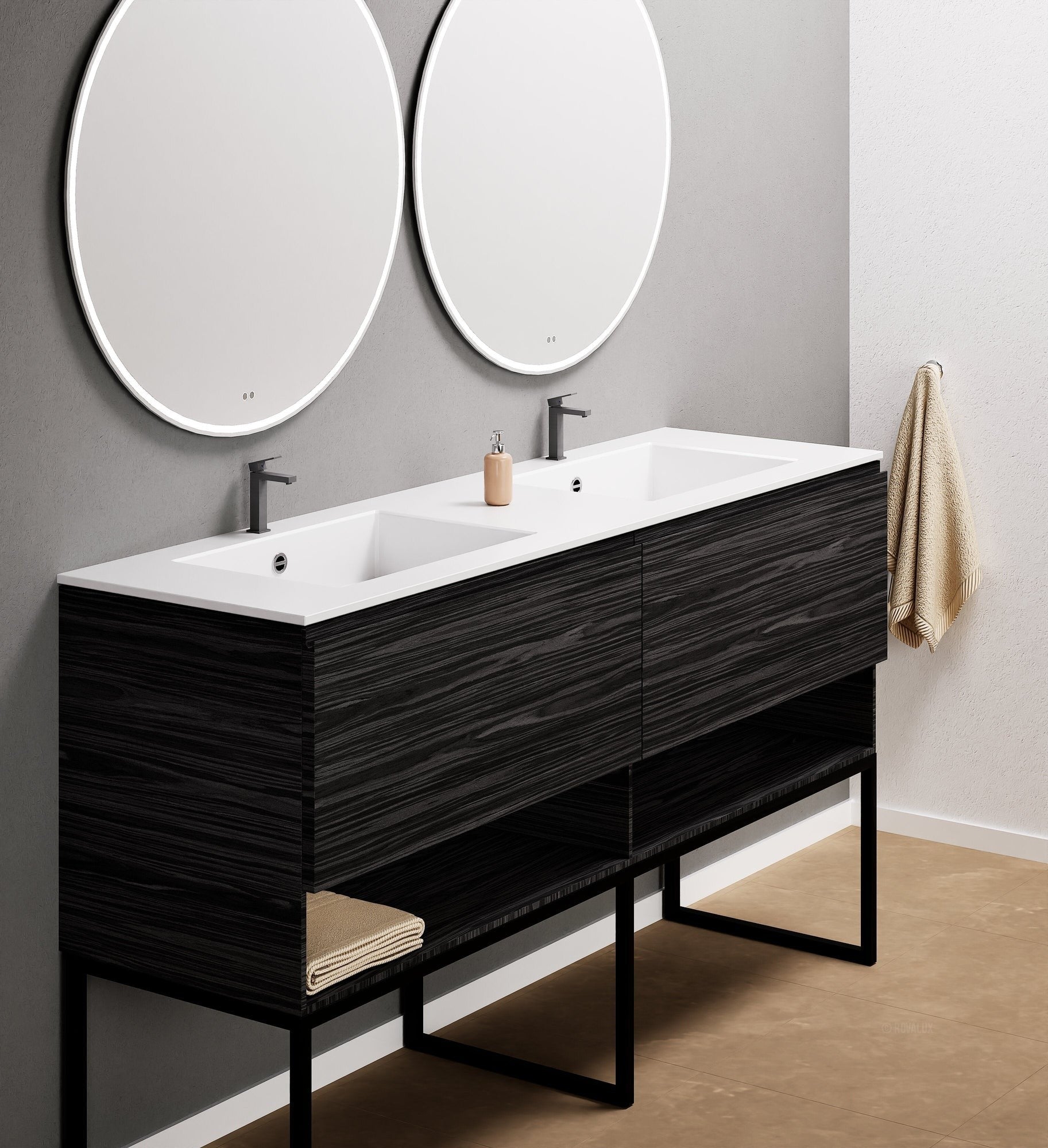 Aurora Double Set With Supporting Legs – Corian Sinks & Countertop with 2 Drawers Vanity & Bottom Shelves - ROVALUX