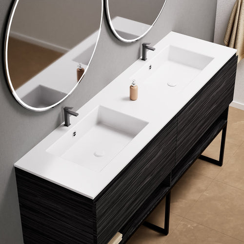 Aurora Double Set With Supporting Legs – Corian Sinks & Countertop with 2 Drawers Vanity & Bottom Shelves - ROVALUX
