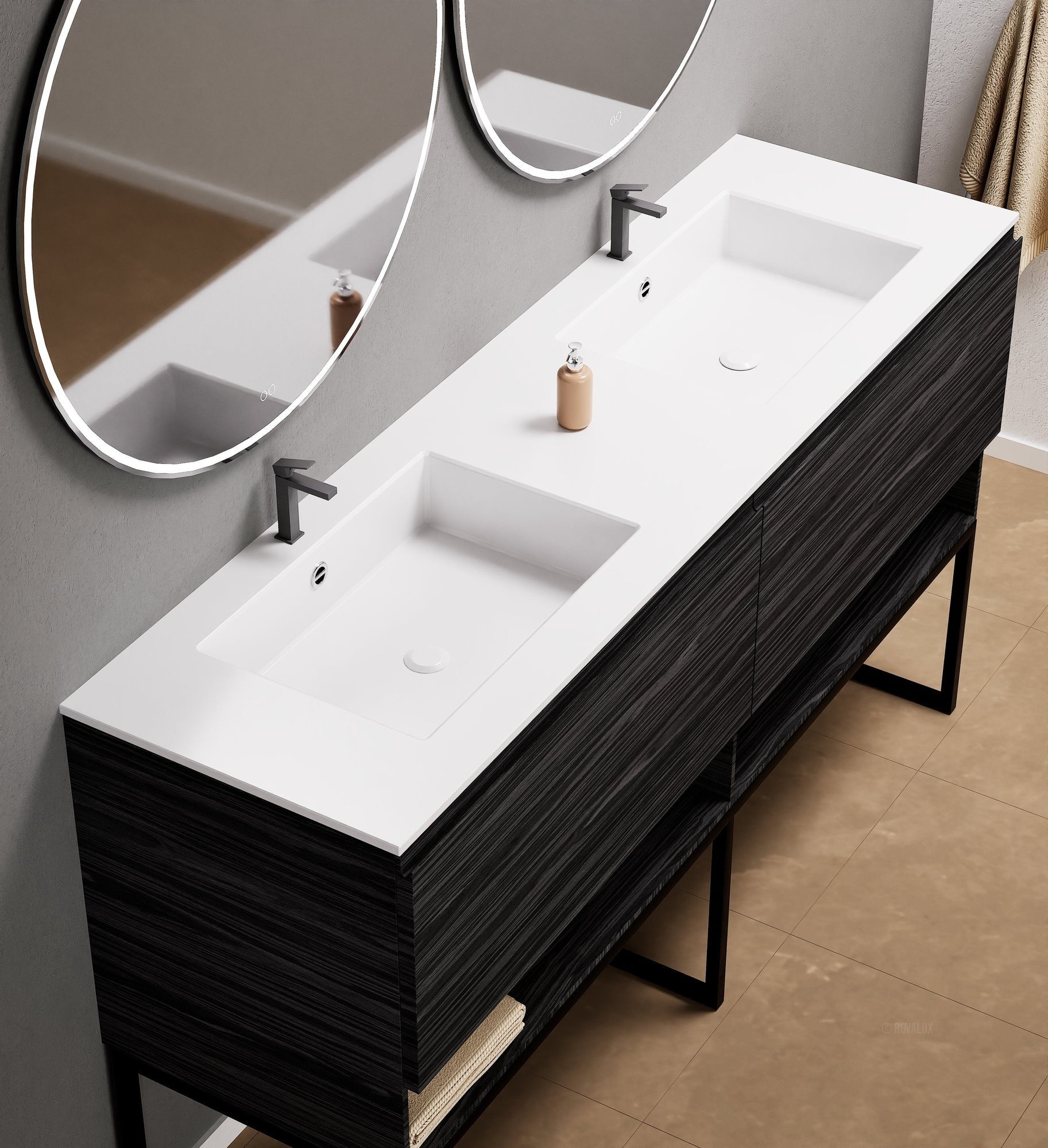 Aurora Double Set With Supporting Legs – Corian Sinks & Countertop with 2 Drawers Vanity & Bottom Shelves - ROVALUX