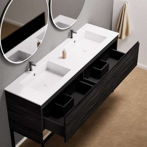 Aurora Double Set With Supporting Legs – Corian Sinks & Countertop with 2 Drawers Vanity & Bottom Shelves - ROVALUX