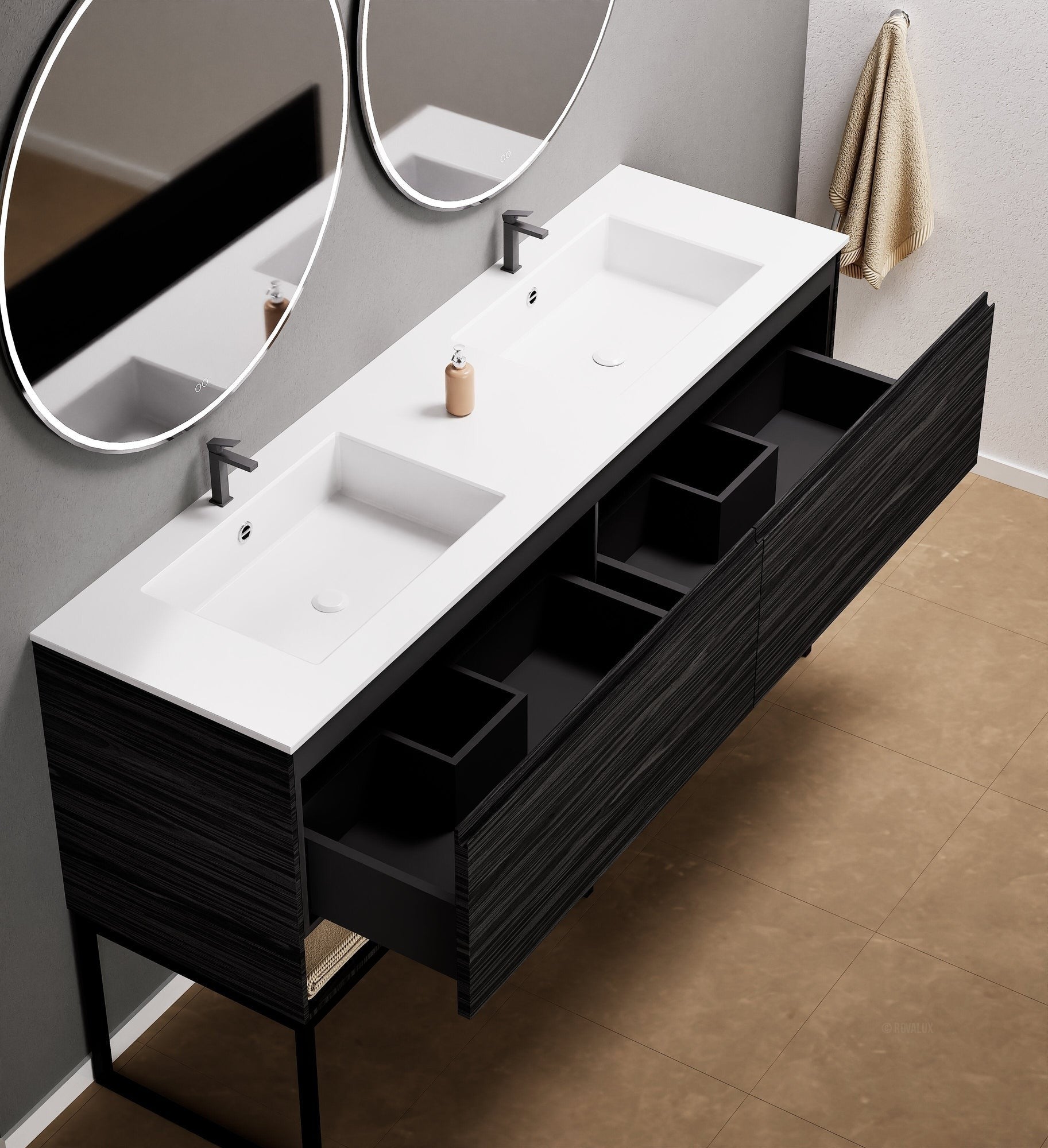 Aurora Double Set With Supporting Legs – Corian Sinks & Countertop with 2 Drawers Vanity & Bottom Shelves - ROVALUX