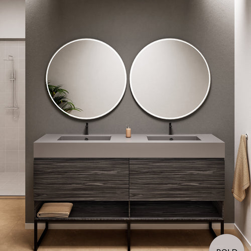 Aurora Double Set With Supporting Legs – Corian Sinks & Countertop with 2 Drawers Vanity & Bottom Shelves - ROVALUX