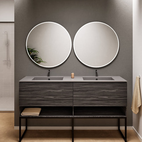 Aurora Double Set With Supporting Legs – Corian Sinks & Countertop with 2 Drawers Vanity & Bottom Shelves - ROVALUX