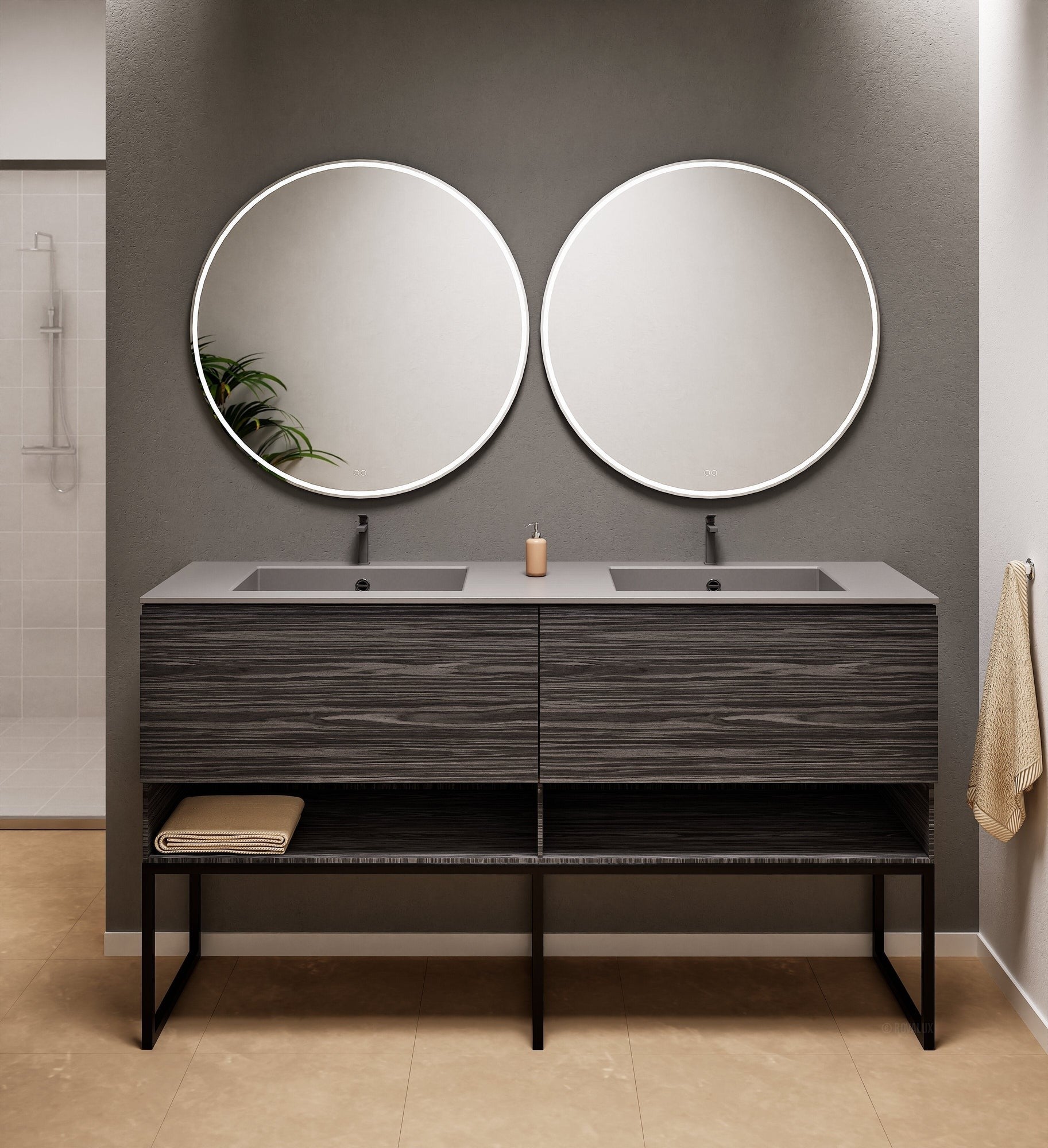 Aurora Double Set With Supporting Legs – Corian Sinks & Countertop with 2 Drawers Vanity & Bottom Shelves - ROVALUX