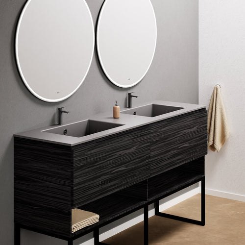 Aurora Double Set With Supporting Legs – Corian Sinks & Countertop with 2 Drawers Vanity & Bottom Shelves - ROVALUX