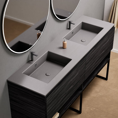 Aurora Double Set With Supporting Legs – Corian Sinks & Countertop with 2 Drawers Vanity & Bottom Shelves - ROVALUX