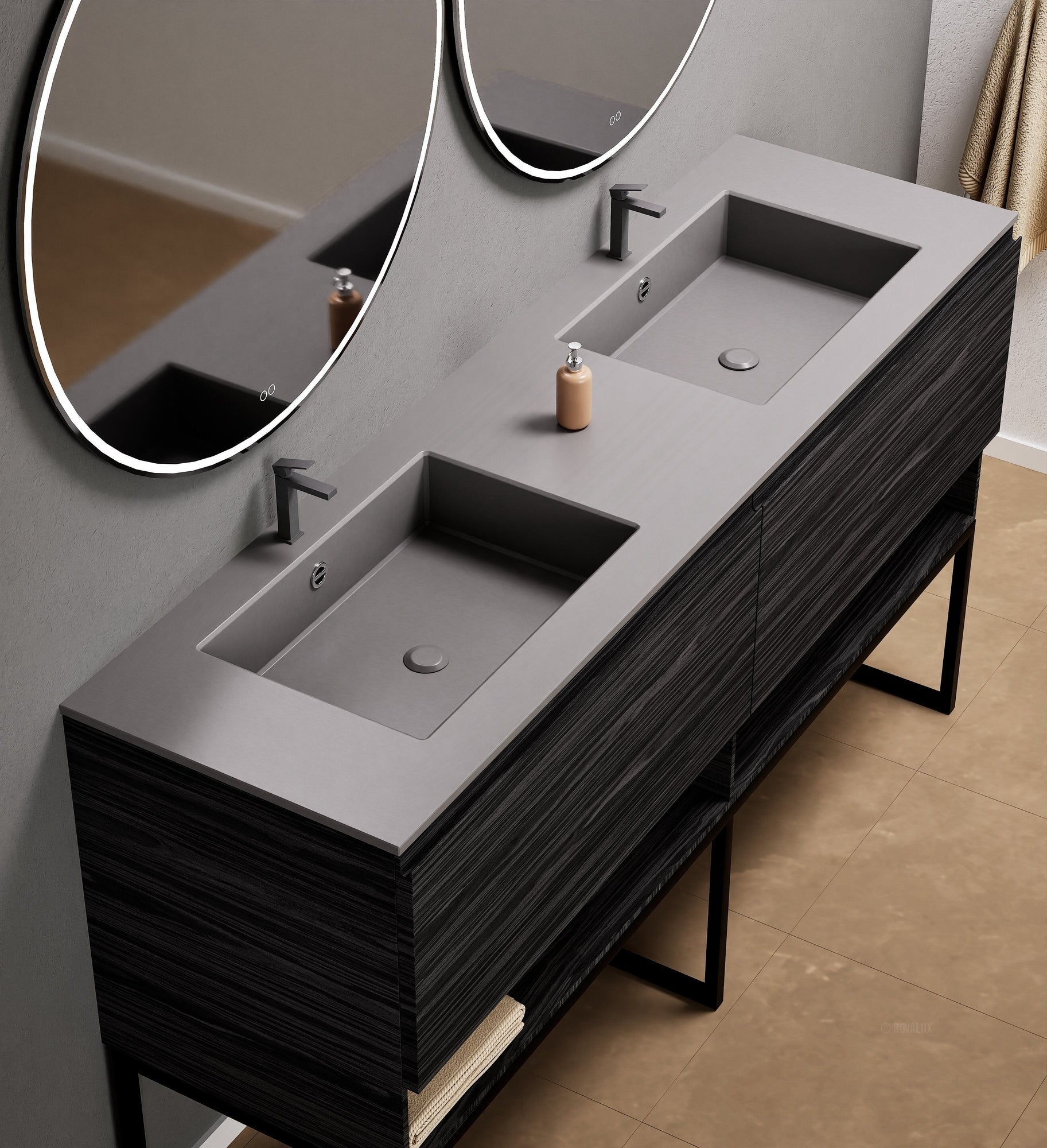 Aurora Double Set With Supporting Legs – Corian Sinks & Countertop with 2 Drawers Vanity & Bottom Shelves - ROVALUX