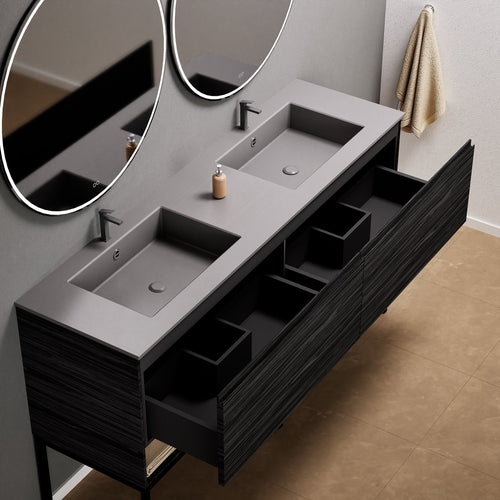 Aurora Double Set With Supporting Legs – Corian Sinks & Countertop with 2 Drawers Vanity & Bottom Shelves - ROVALUX