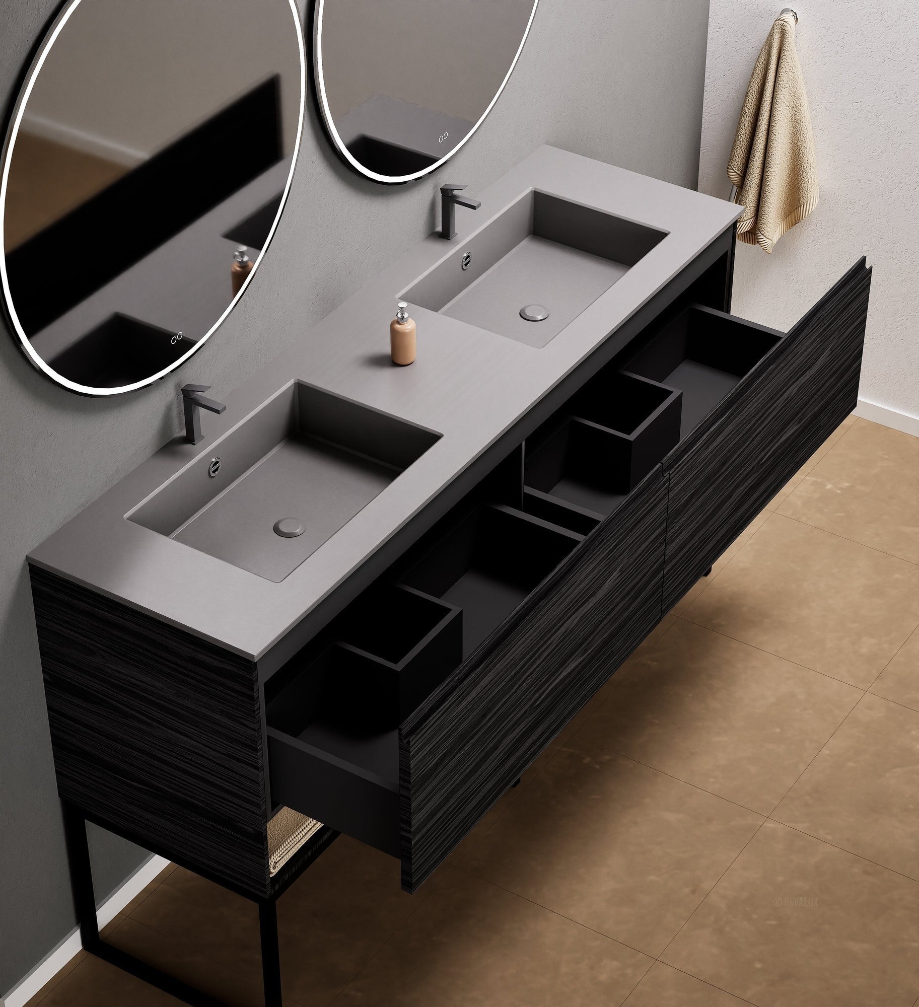 Aurora Double Set With Supporting Legs – Corian Sinks & Countertop with 2 Drawers Vanity & Bottom Shelves - ROVALUX