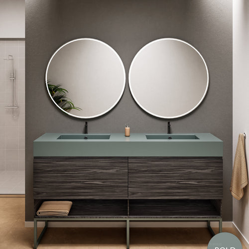 Aurora Double Set With Supporting Legs – Corian Sinks & Countertop with 2 Drawers Vanity & Bottom Shelves - ROVALUX