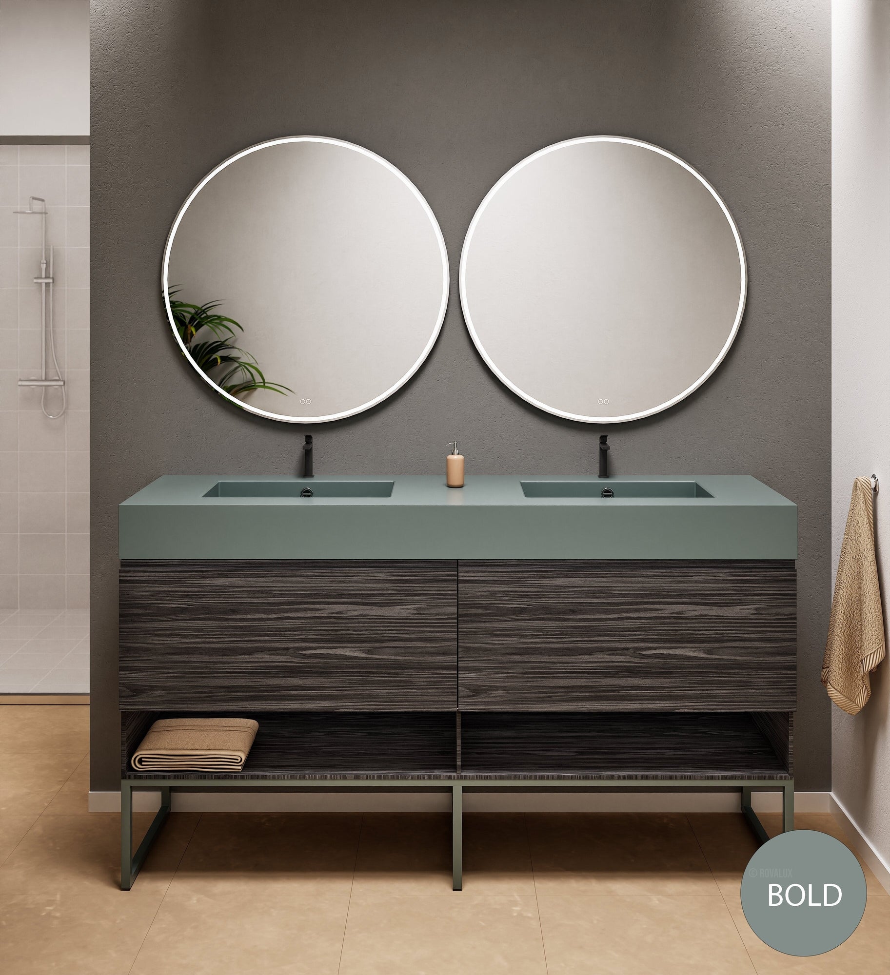 Aurora Double Set With Supporting Legs – Corian Sinks & Countertop with 2 Drawers Vanity & Bottom Shelves - ROVALUX