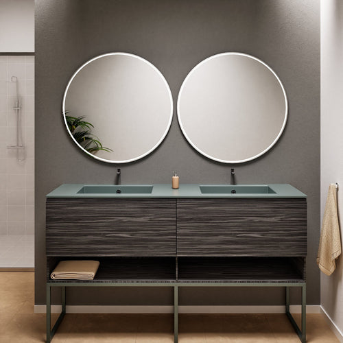 Aurora Double Set With Supporting Legs – Corian Sinks & Countertop with 2 Drawers Vanity & Bottom Shelves - ROVALUX