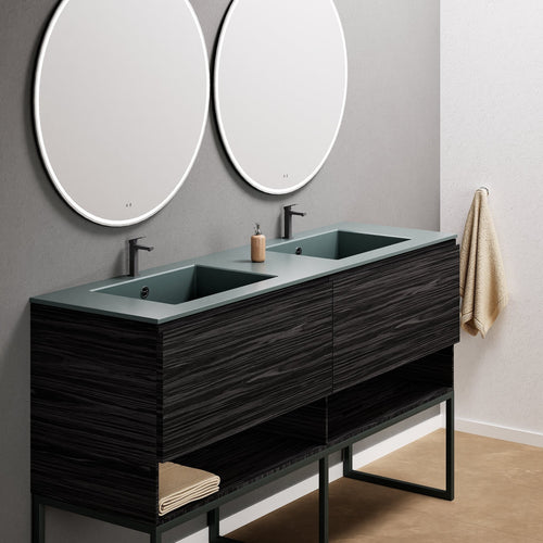 Aurora Double Set With Supporting Legs – Corian Sinks & Countertop with 2 Drawers Vanity & Bottom Shelves - ROVALUX
