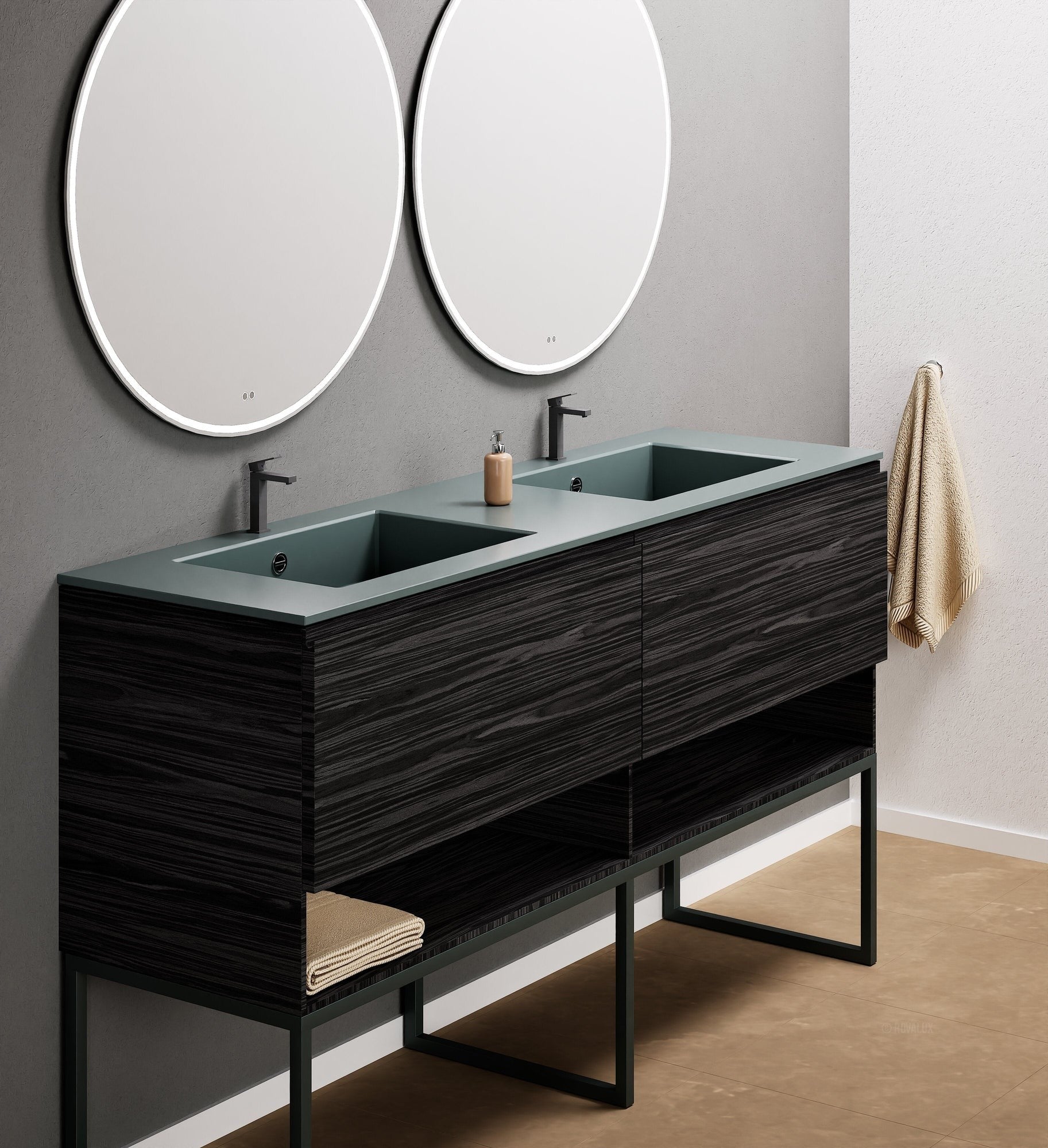 Aurora Double Set With Supporting Legs – Corian Sinks & Countertop with 2 Drawers Vanity & Bottom Shelves - ROVALUX
