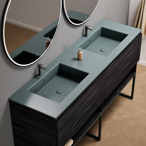 Aurora Double Set With Supporting Legs – Corian Sinks & Countertop with 2 Drawers Vanity & Bottom Shelves - ROVALUX
