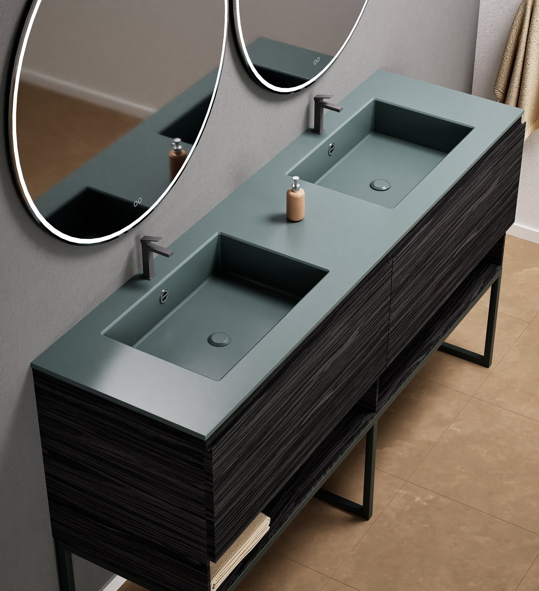 Aurora Double Set With Supporting Legs – Corian Sinks & Countertop with 2 Drawers Vanity & Bottom Shelves - ROVALUX