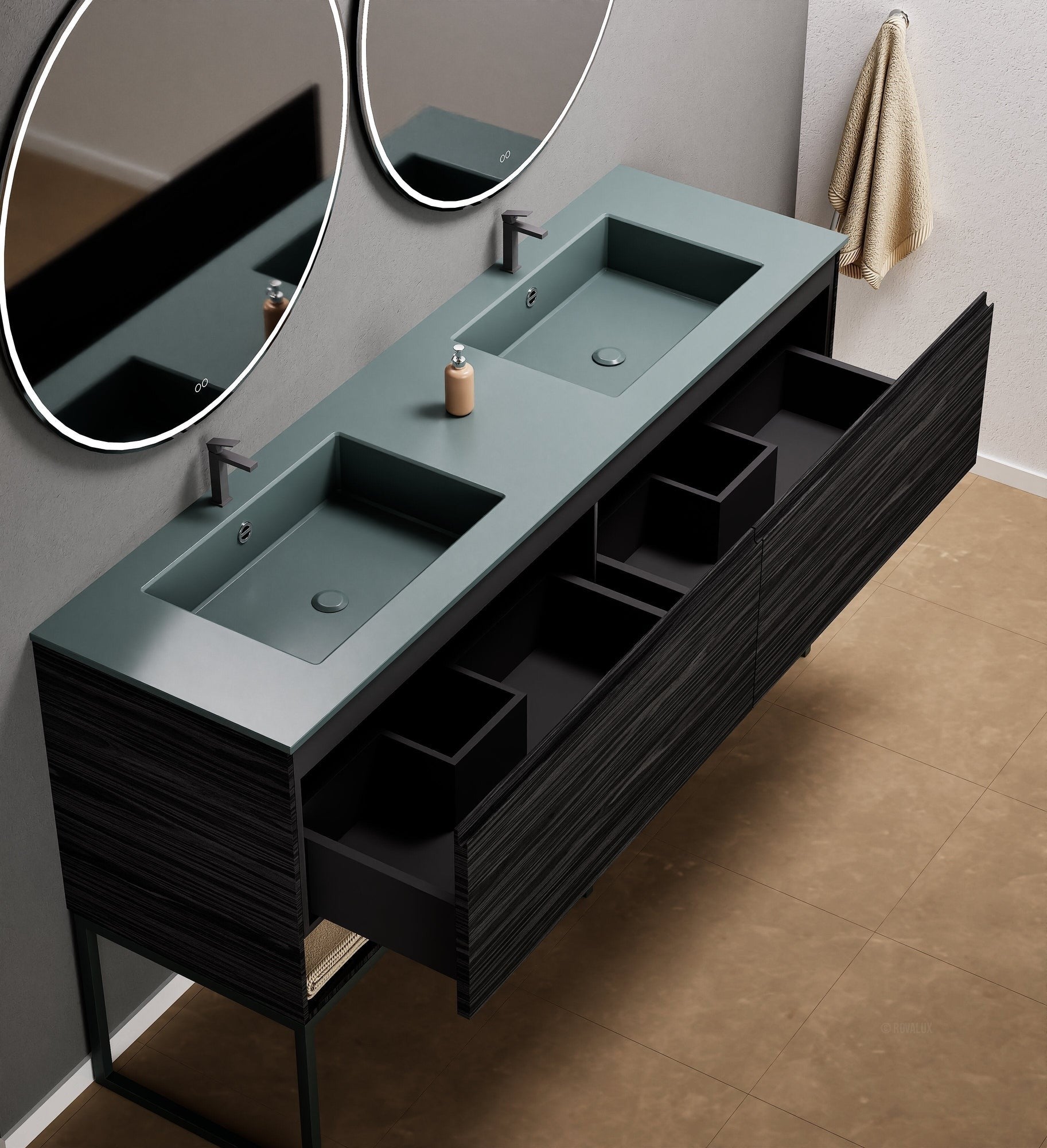 Aurora Double Set With Supporting Legs – Corian Sinks & Countertop with 2 Drawers Vanity & Bottom Shelves - ROVALUX
