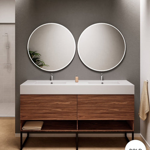 Aurora Double Set With Supporting Legs – Corian Sinks & Countertop with 2 Drawers Vanity & Bottom Shelves - ROVALUX