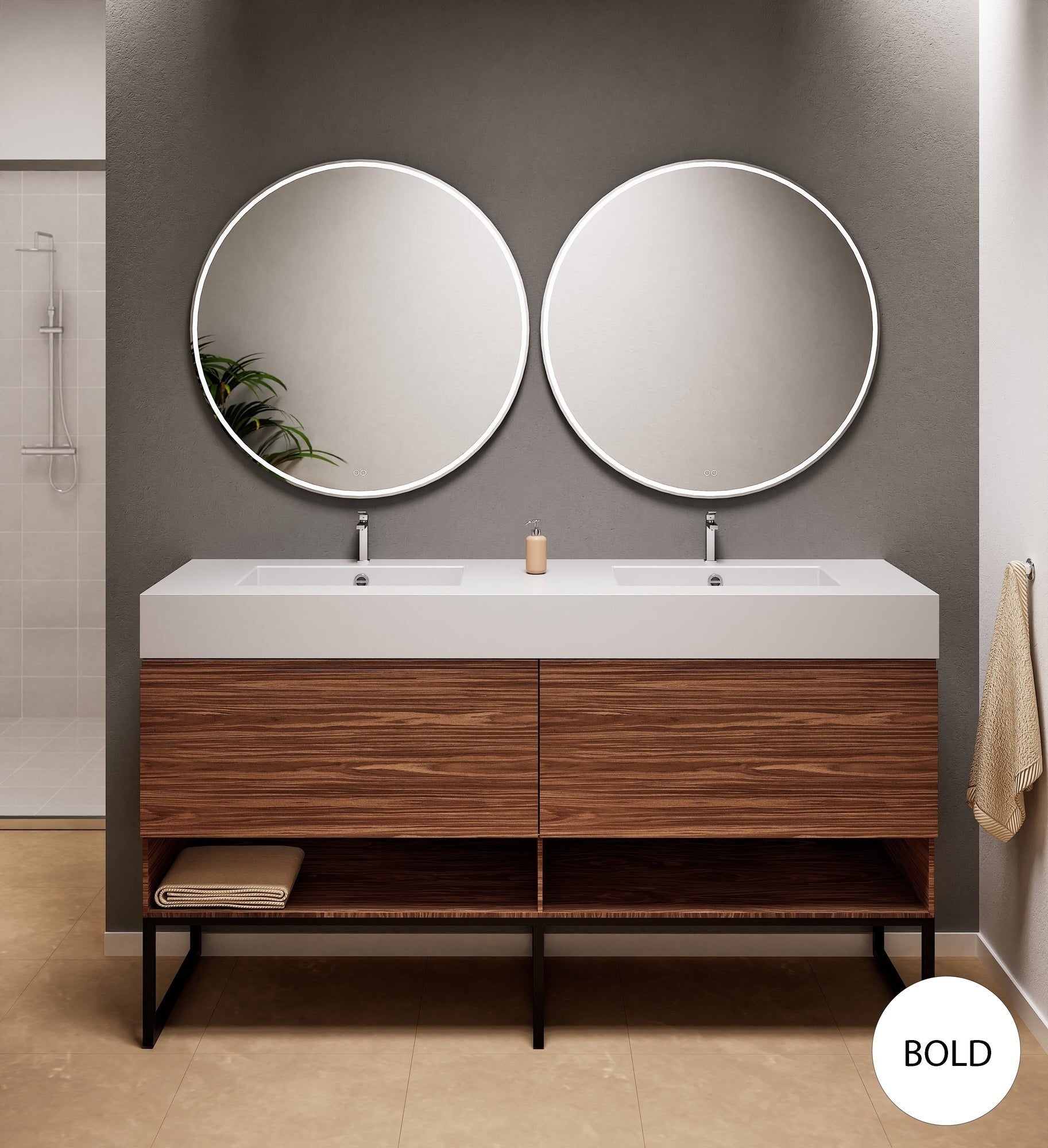 Aurora Double Set With Supporting Legs – Corian Sinks & Countertop with 2 Drawers Vanity & Bottom Shelves - ROVALUX