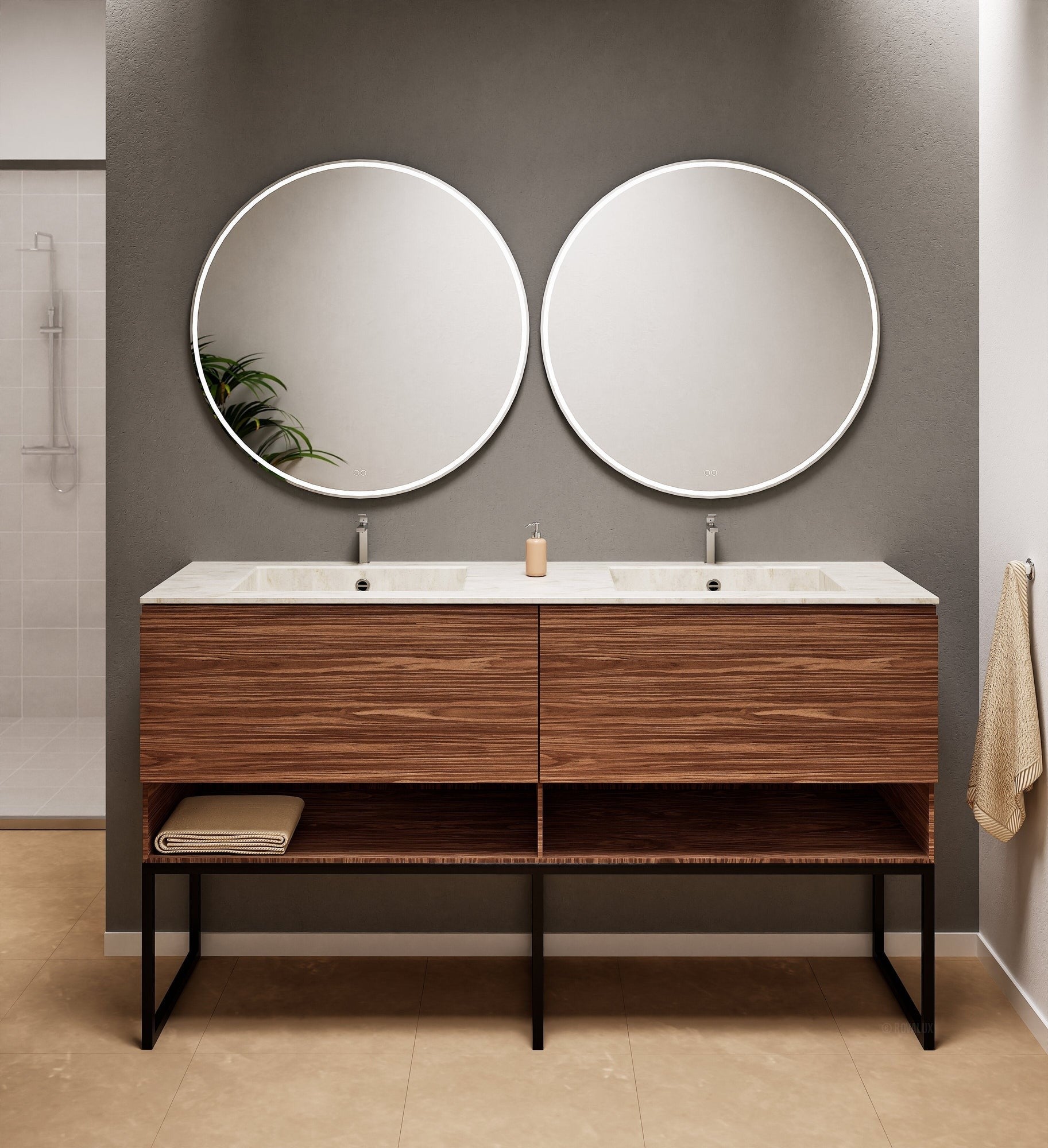 Aurora Double Set With Supporting Legs – Corian Sinks & Countertop with 2 Drawers Vanity & Bottom Shelves - ROVALUX