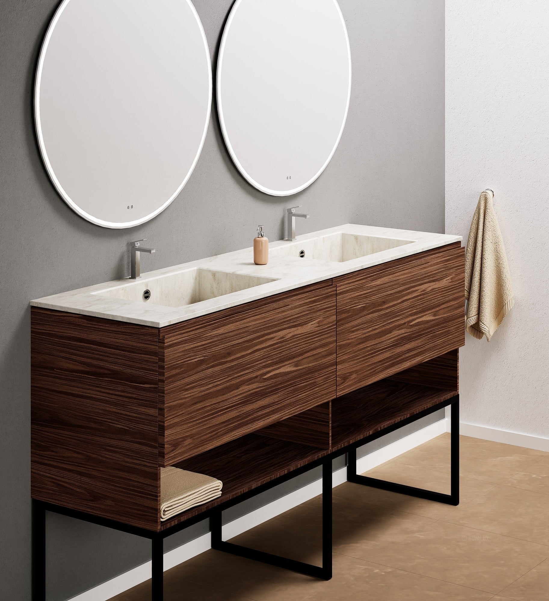 Aurora Double Set With Supporting Legs – Corian Sinks & Countertop with 2 Drawers Vanity & Bottom Shelves - ROVALUX