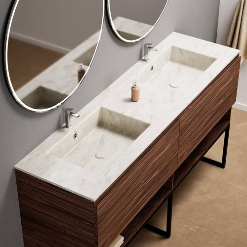Aurora Double Set With Supporting Legs – Corian Sinks & Countertop with 2 Drawers Vanity & Bottom Shelves - ROVALUX