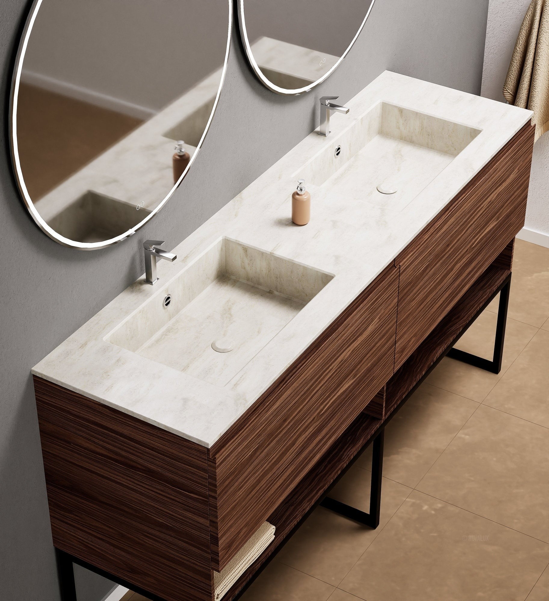 Aurora Double Set With Supporting Legs – Corian Sinks & Countertop with 2 Drawers Vanity & Bottom Shelves - ROVALUX