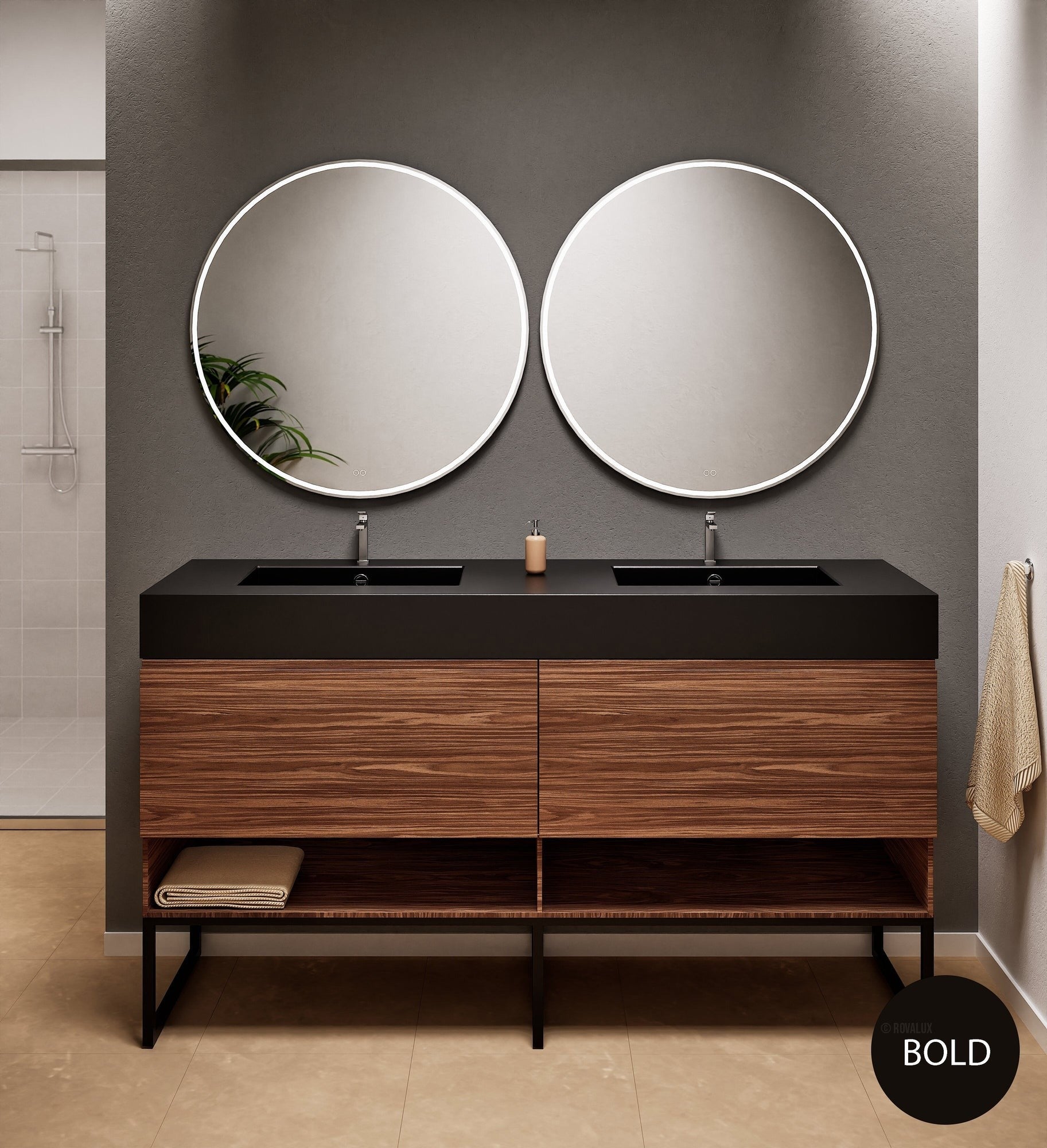 Aurora Double Set With Supporting Legs – Corian Sinks & Countertop with 2 Drawers Vanity & Bottom Shelves - ROVALUX