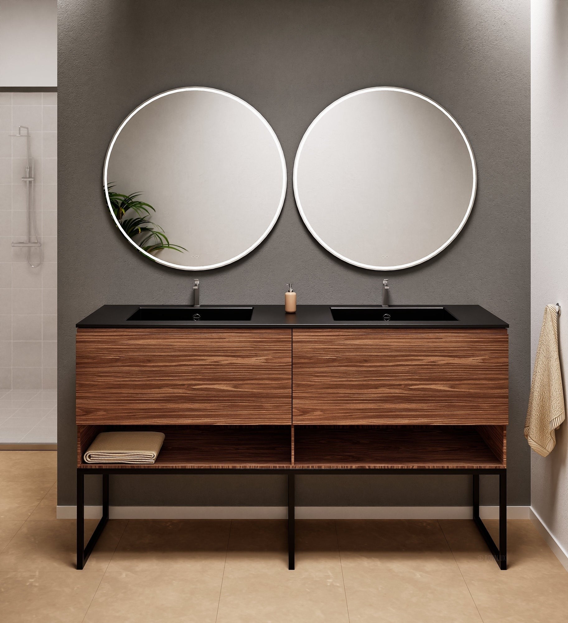 Aurora Double Set With Supporting Legs – Corian Sinks & Countertop with 2 Drawers Vanity & Bottom Shelves - ROVALUX