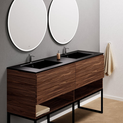 Aurora Double Set With Supporting Legs – Corian Sinks & Countertop with 2 Drawers Vanity & Bottom Shelves - ROVALUX