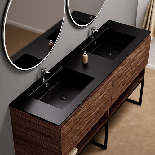 Aurora Double Set With Supporting Legs – Corian Sinks & Countertop with 2 Drawers Vanity & Bottom Shelves - ROVALUX