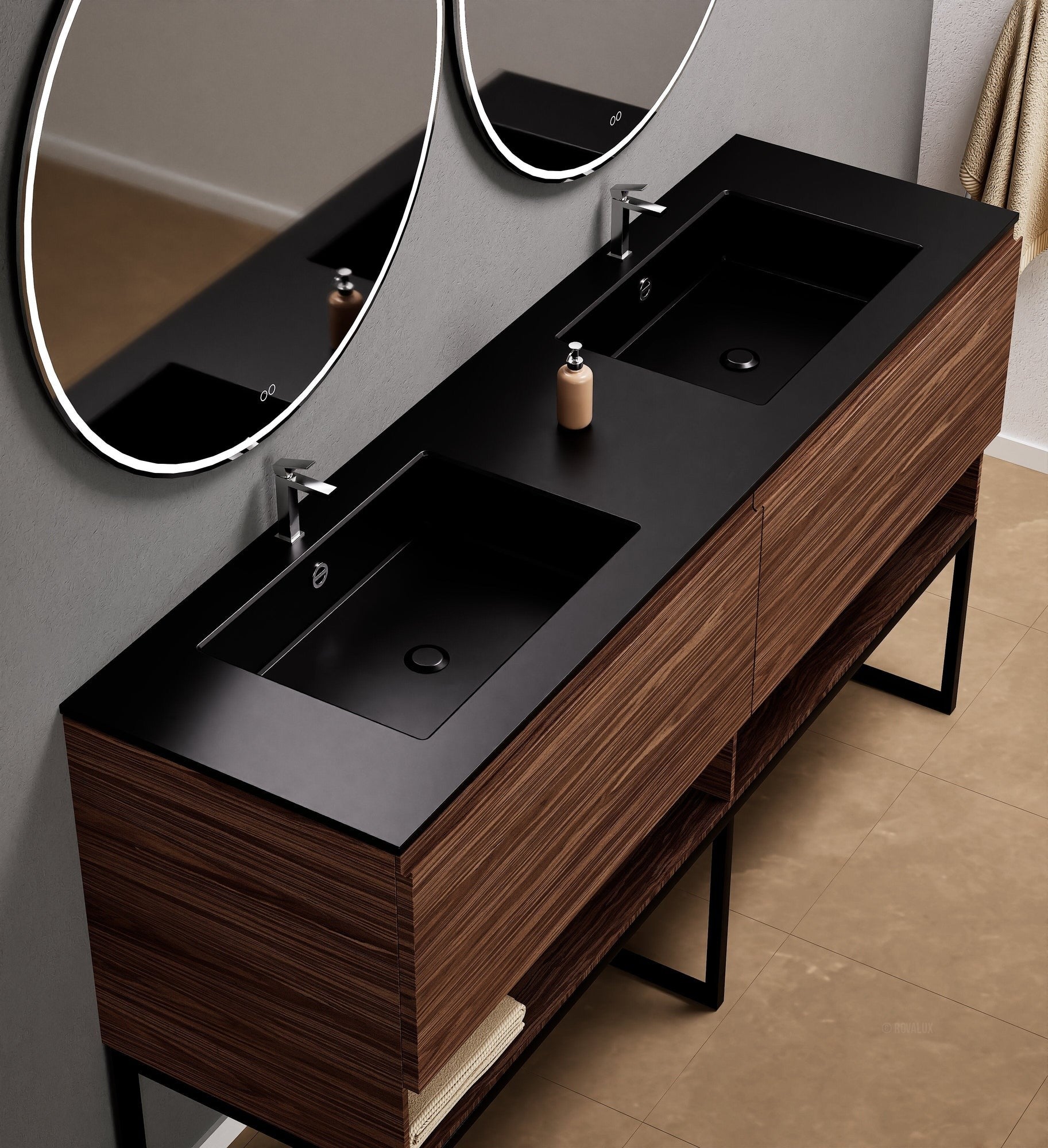 Aurora Double Set With Supporting Legs – Corian Sinks & Countertop with 2 Drawers Vanity & Bottom Shelves - ROVALUX