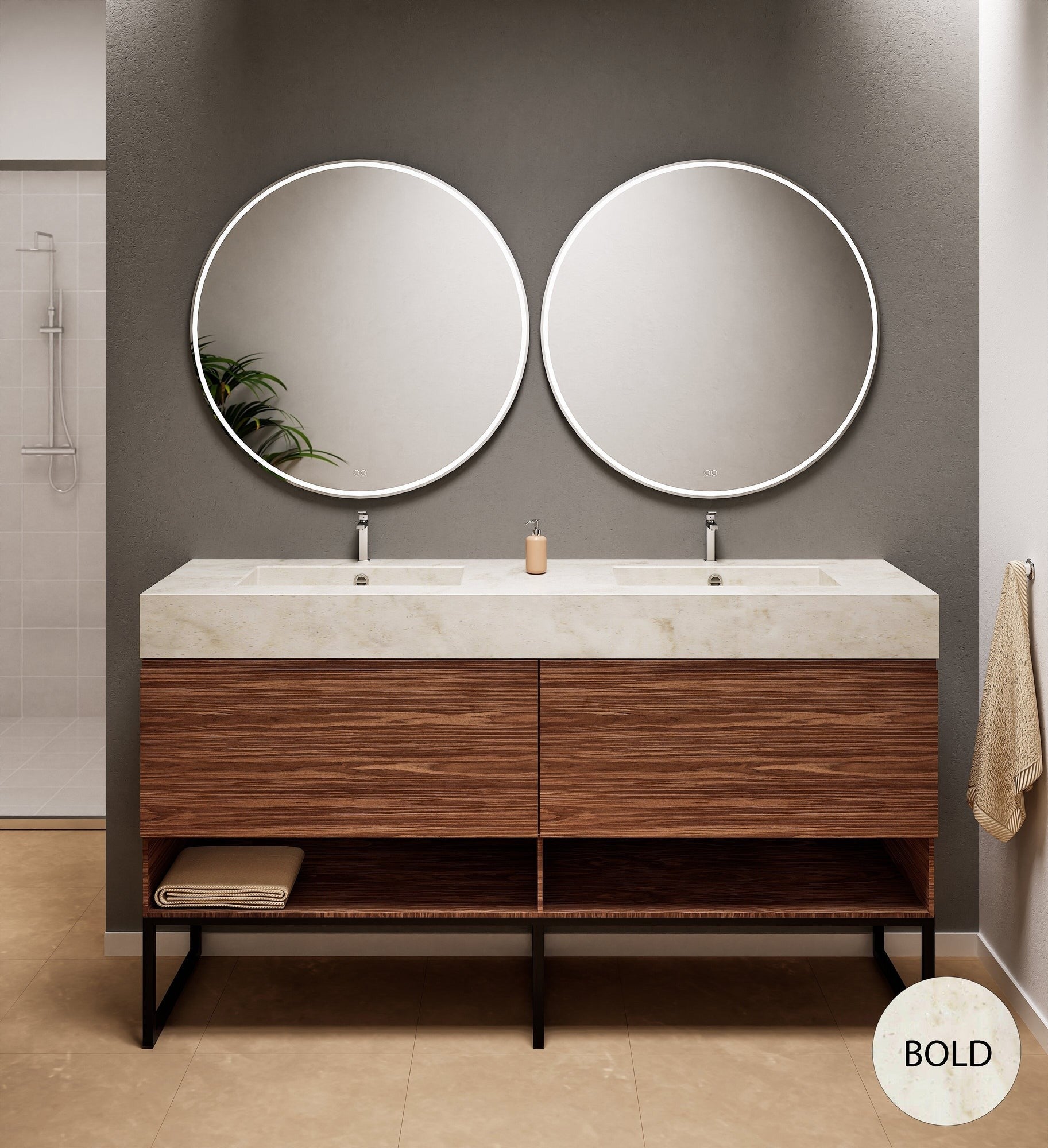 Aurora Double Set With Supporting Legs – Corian Sinks & Countertop with 2 Drawers Vanity & Bottom Shelves - ROVALUX