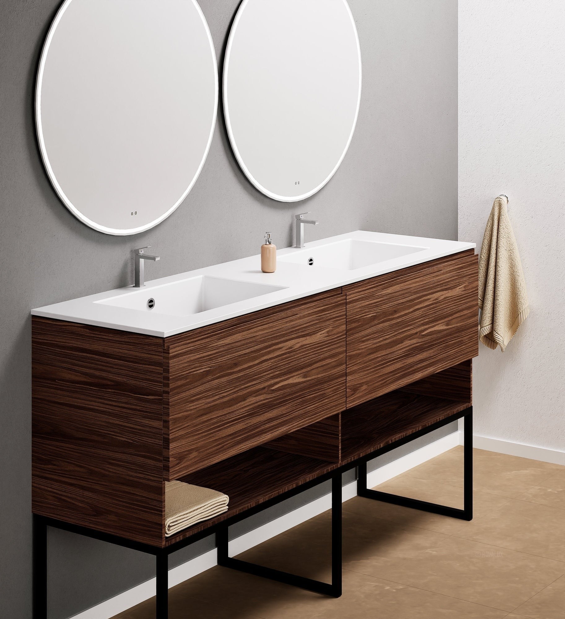 Aurora Double Set With Supporting Legs – Corian Sinks & Countertop with 2 Drawers Vanity & Bottom Shelves - ROVALUX