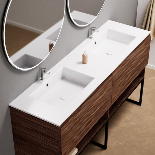 Aurora Double Set With Supporting Legs – Corian Sinks & Countertop with 2 Drawers Vanity & Bottom Shelves - ROVALUX