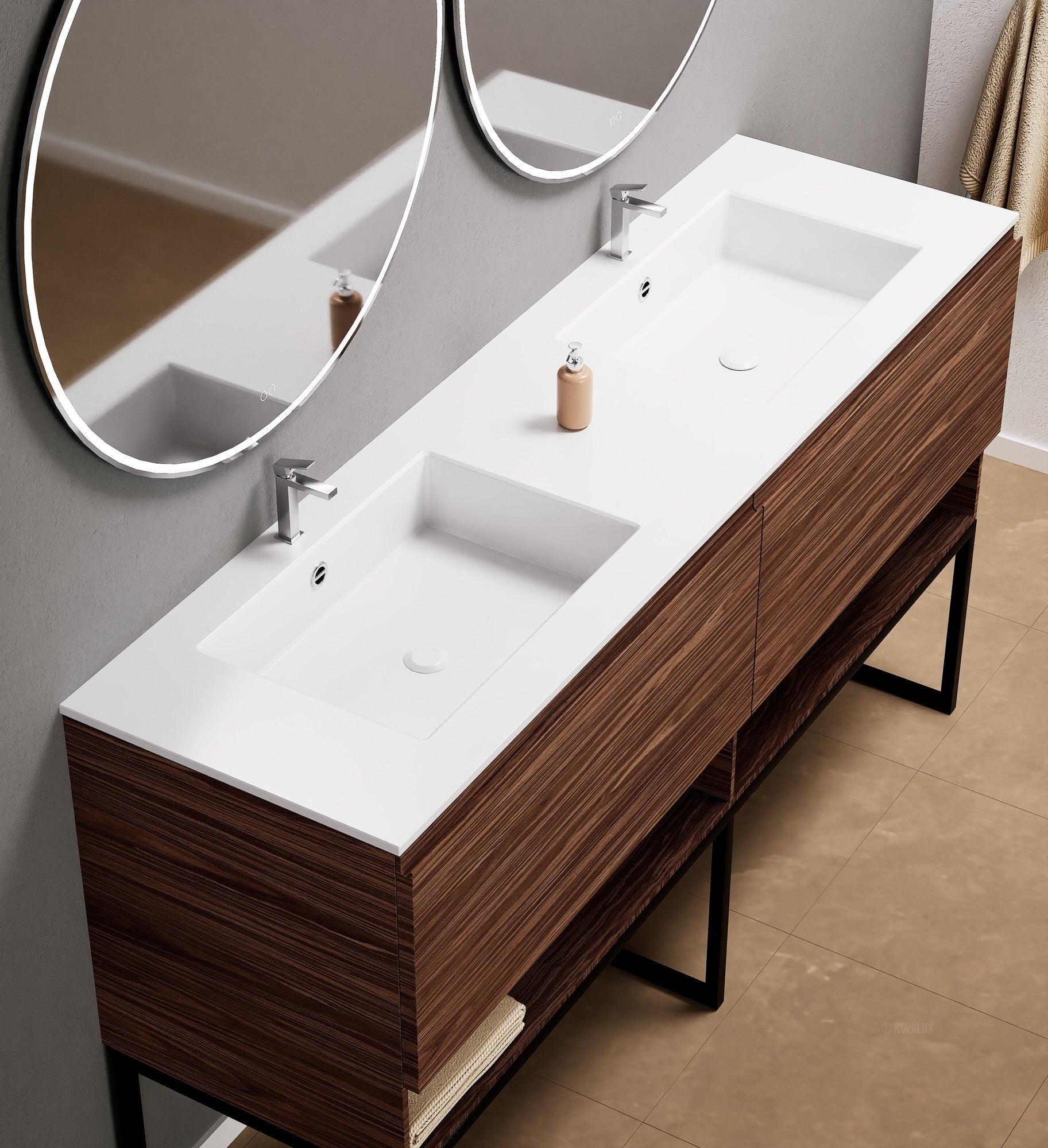 Aurora Double Set With Supporting Legs – Corian Sinks & Countertop with 2 Drawers Vanity & Bottom Shelves - ROVALUX