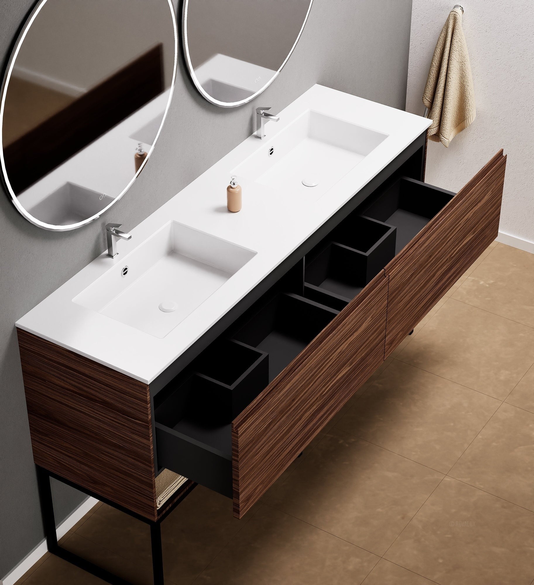 Aurora Double Set With Supporting Legs – Corian Sinks & Countertop with 2 Drawers Vanity & Bottom Shelves - ROVALUX