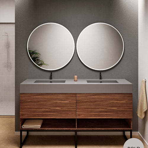 Aurora Double Set With Supporting Legs – Corian Sinks & Countertop with 2 Drawers Vanity & Bottom Shelves - ROVALUX