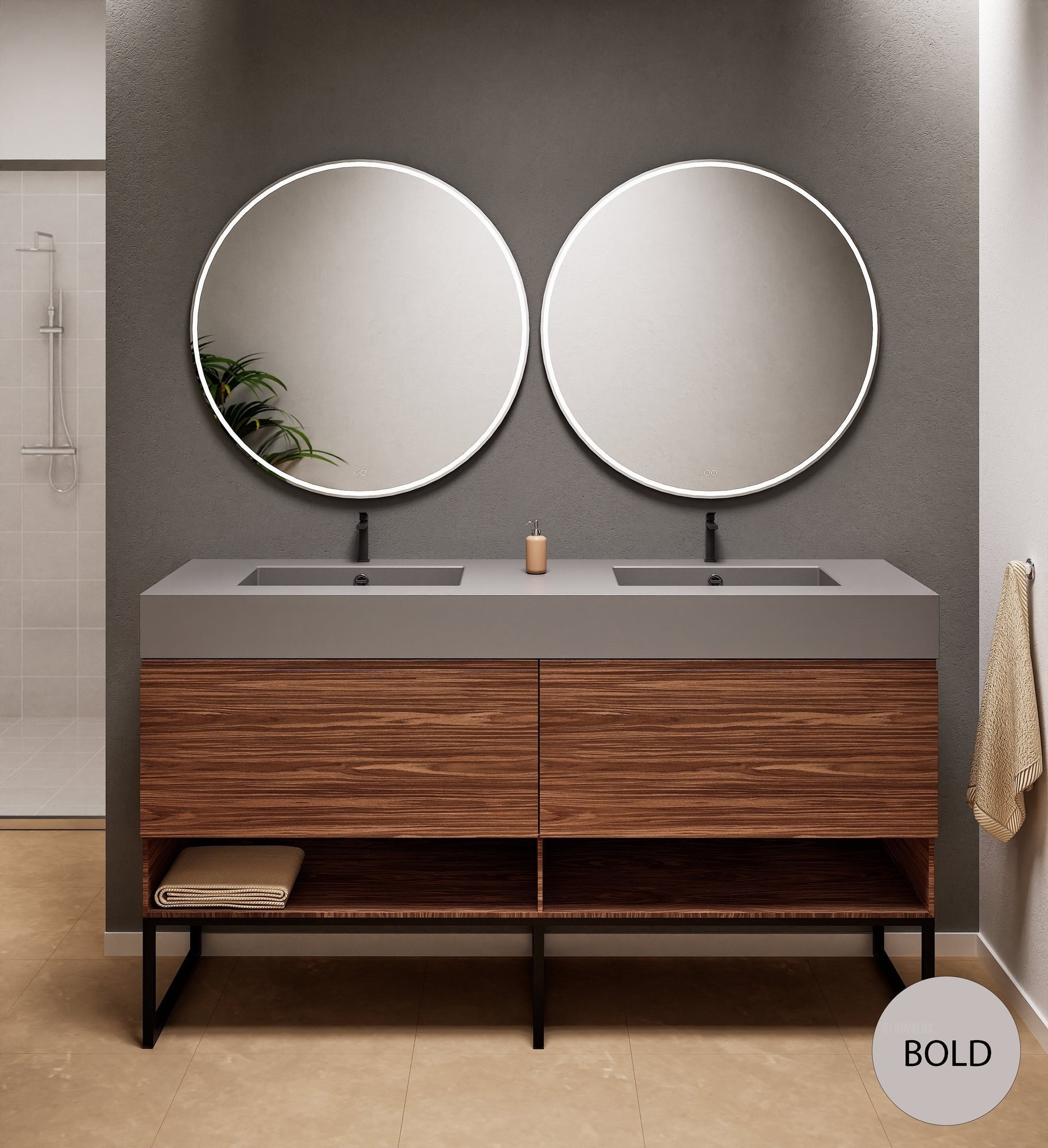 Aurora Double Set With Supporting Legs – Corian Sinks & Countertop with 2 Drawers Vanity & Bottom Shelves - ROVALUX