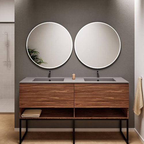 Aurora Double Set With Supporting Legs – Corian Sinks & Countertop with 2 Drawers Vanity & Bottom Shelves - ROVALUX