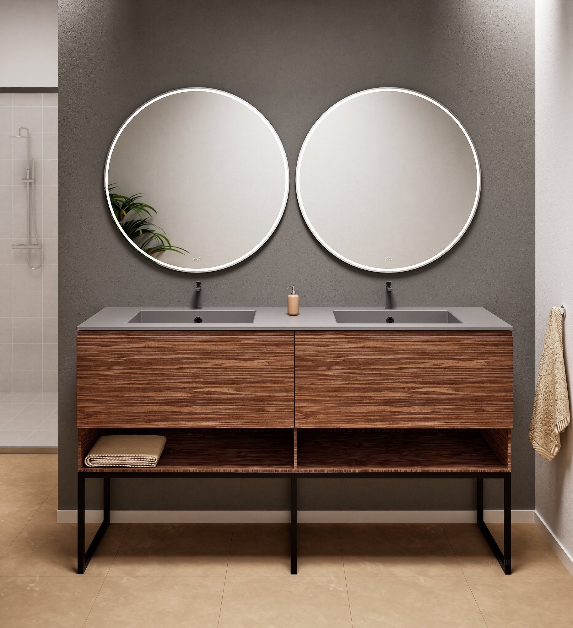 Aurora Double Set With Supporting Legs – Corian Sinks & Countertop with 2 Drawers Vanity & Bottom Shelves - ROVALUX
