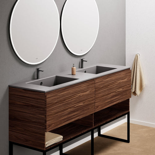 Aurora Double Set With Supporting Legs – Corian Sinks & Countertop with 2 Drawers Vanity & Bottom Shelves - ROVALUX