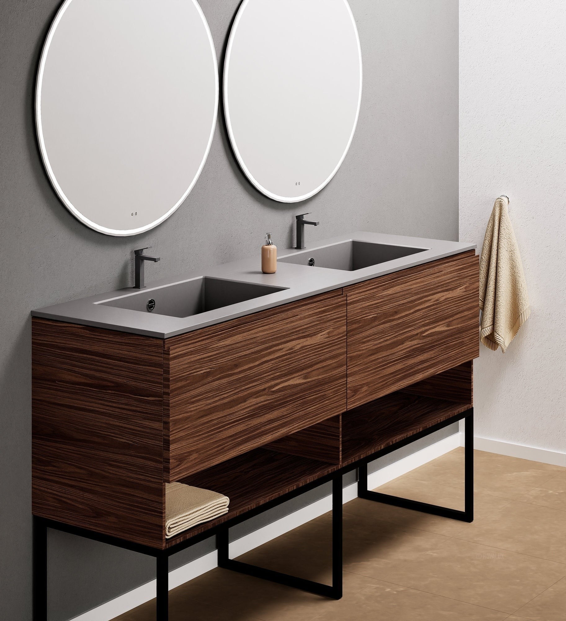 Aurora Double Set With Supporting Legs – Corian Sinks & Countertop with 2 Drawers Vanity & Bottom Shelves - ROVALUX