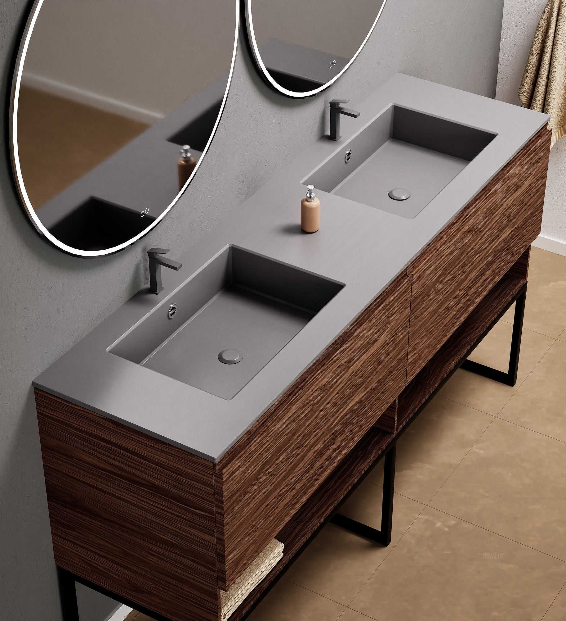 Aurora Double Set With Supporting Legs – Corian Sinks & Countertop with 2 Drawers Vanity & Bottom Shelves - ROVALUX