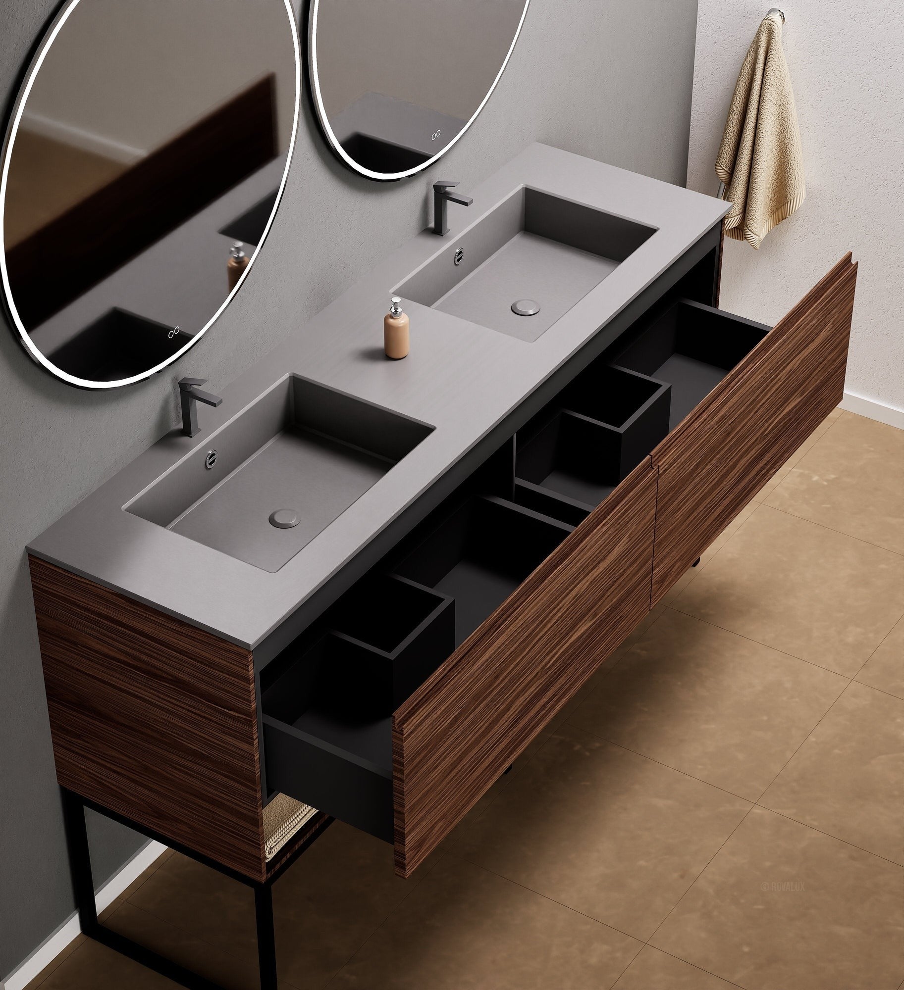 Aurora Double Set With Supporting Legs – Corian Sinks & Countertop with 2 Drawers Vanity & Bottom Shelves - ROVALUX
